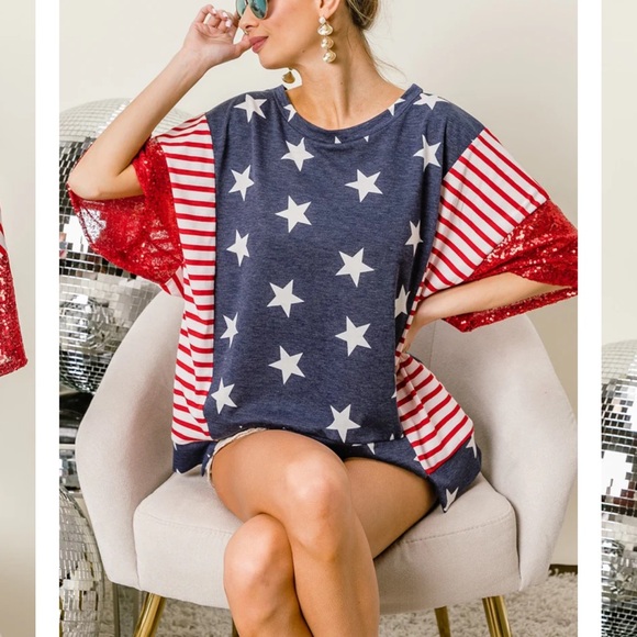 B448-BIBI SEQUINS SLEEVES STAR W STRIPE UNEVEN HEM TOP - Picture 3 of 4